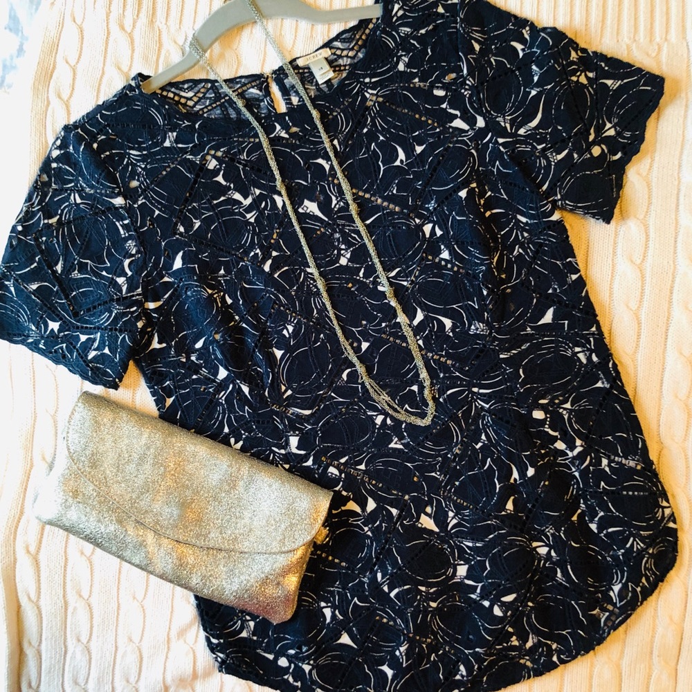 J. Crew | Laser Cut | Navy Blue Floral | Blouse